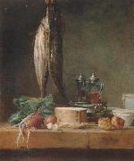 Jean Baptiste Simeon Chardin Style life with fish, Grunzeug, Gougeres shot el as well as oil and vinegar pennant on a table Sweden oil painting artist